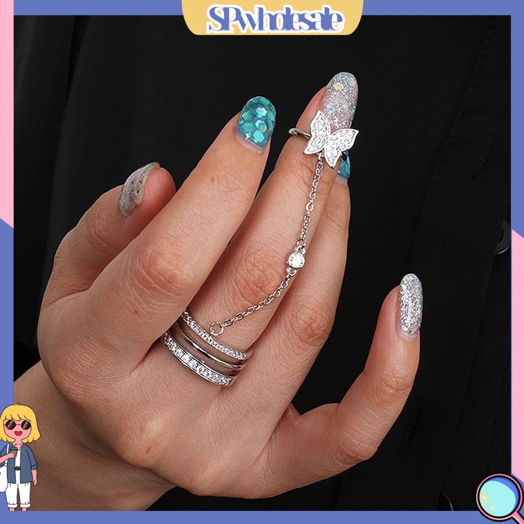<SPwholesale> Bộ Nhẫn Hở Ba Lớp Sáng Bóng Đính Đá Hình Bướm Tua Rua Làm Quà Sinh Nhật Cho Nữ