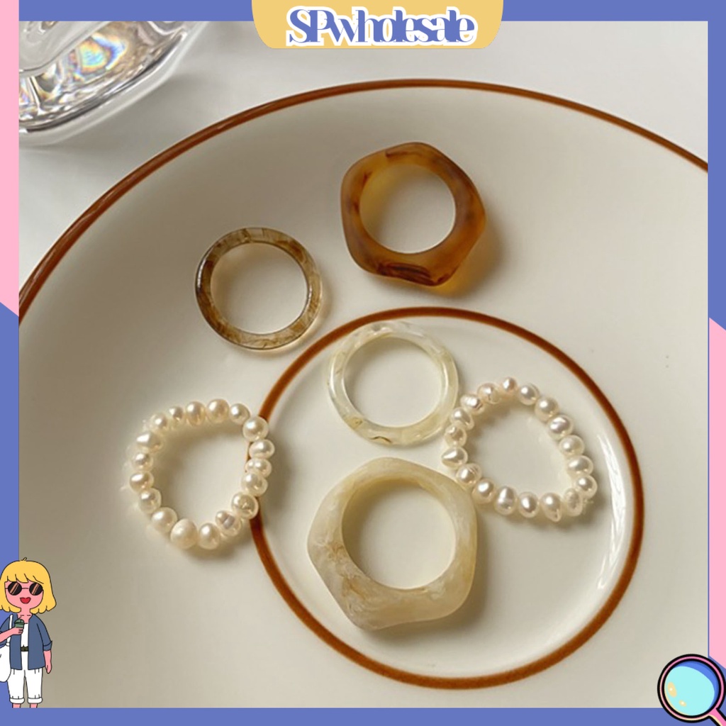 &lt;SPwholesale&gt; Bộ 3 Nhẫn Đeo Ngón Tay Đính Ngọc Trai Nhân Tạo Thân Thiện Với Da Đơn Giản Dễ Phối Đồ Cho Nữ