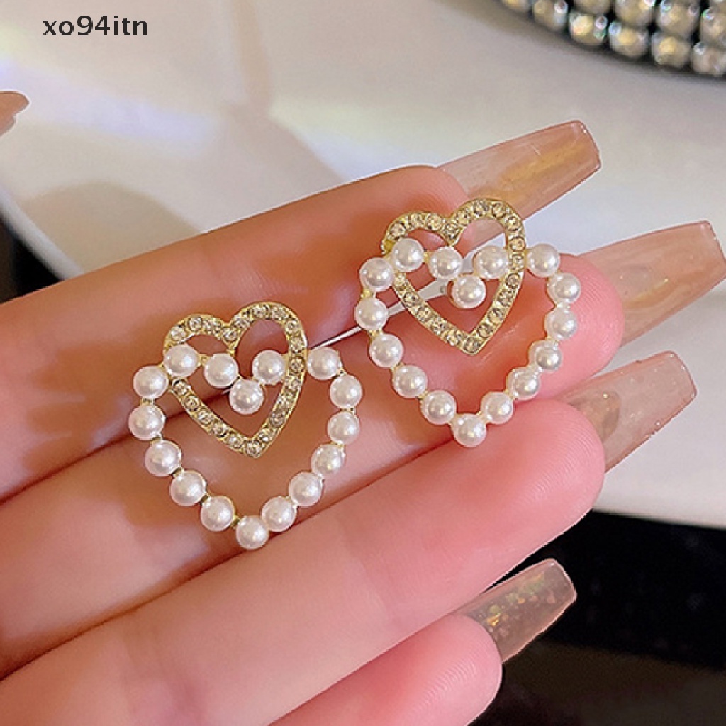 Khuyên Tai Hình Trái Tim Đính Ngọc Trai Nhân Tạo Thời Trang
