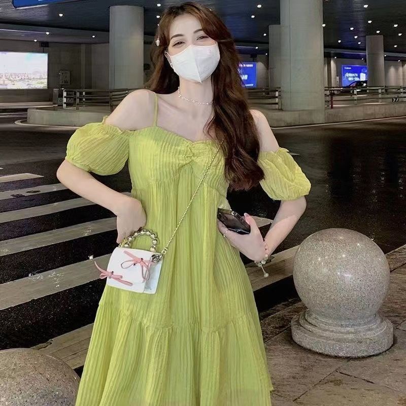 Đầm Hai Dây Dáng Chữ a Hở Vai Màu Xanh Lá Thời Trang Mùa Hè