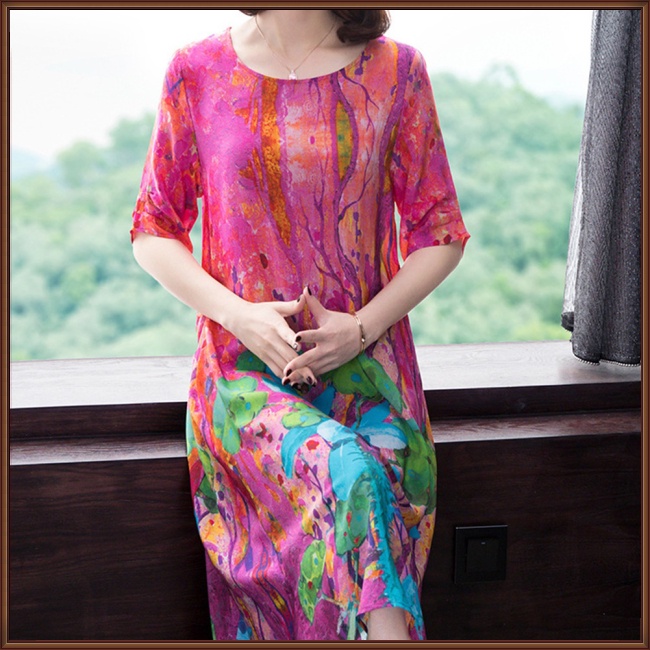 Đầm Tay Ngắn Cổ Tròn Dáng Rộng Chất Liệu Lụa Lạnh In Họa Tiết Thời Trang Cho Nữ