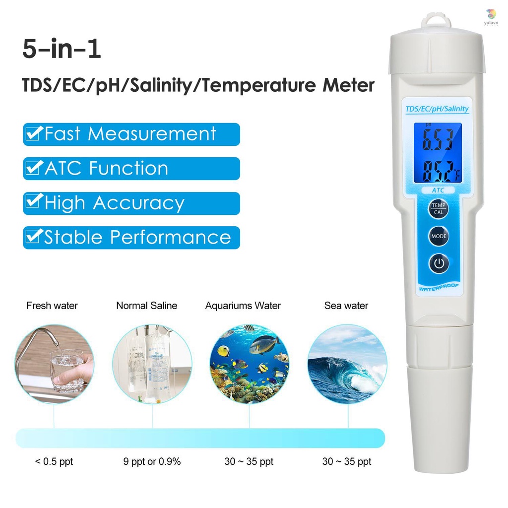 Máy Đo Nhiệt Độ Nước / Độ Ẩm Đa Năng 5 Trong 1 TDS / EC / pH / Salinity / Màn Hình LCD
