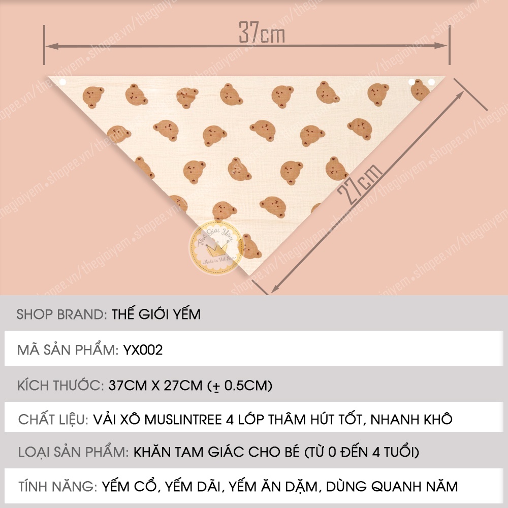 Yếm xô tam giác muslintree organic 4 lớp cho bé kiểu dáng Hàn Quốc hoạ tiết động vật đáng yêu thấm hút tốt có cúc bấm
