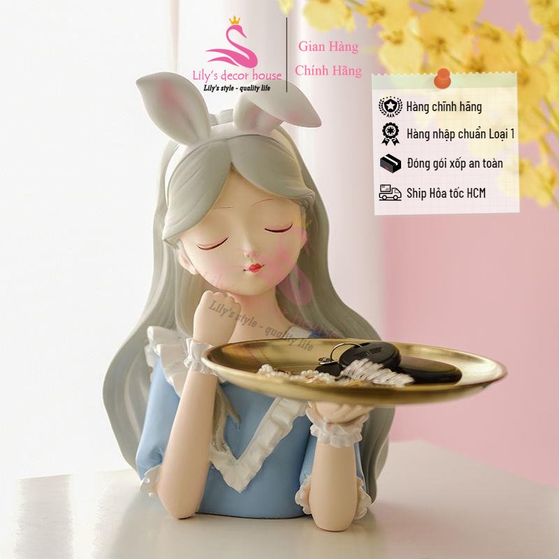 Tượng cô gái bê khay Đựng Đồ Chìa Khóa Sáng Tạo Lily's decor house Khay Đựng Trái Cây Đồ Trang Trí nhà cửa phòng khách