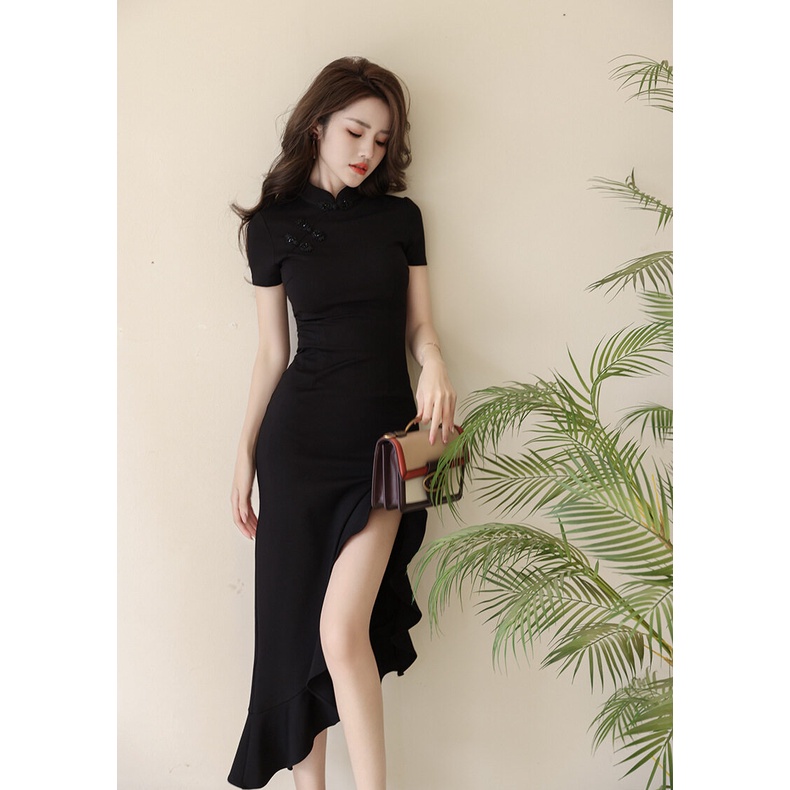 ZYHT  Đầm Sườn Xám Cách Tân Kiểu Đuôi Cá Màu Đen Phong Cách Trung Hoa Thời Trang Mùa Hè Cho Nữ 30157
