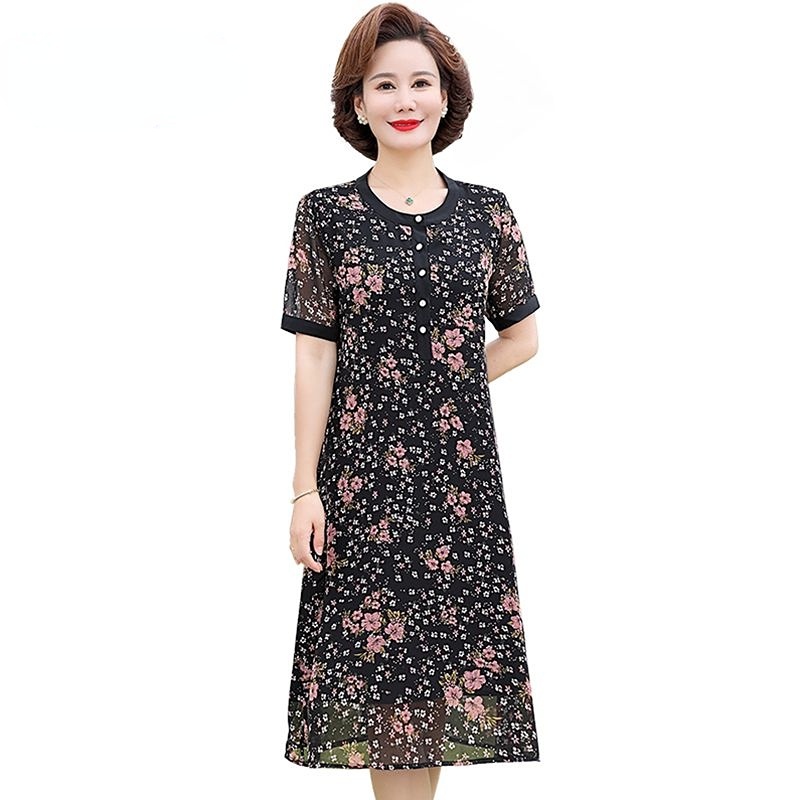 Đầm Chiffon Dài Tay Ngắn Thời Trang Mùa Hè Cho Nữ Trung Niên Ốp