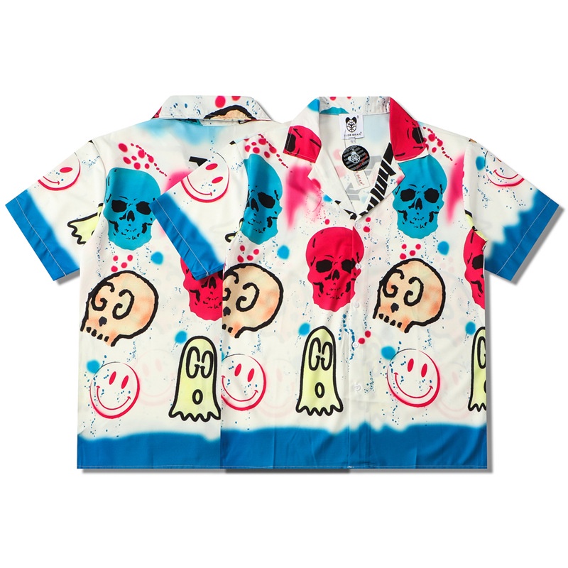 Áo Sơ Mi Tay Ngắn Dáng Rộng In Hình Đầu Lâu Thời Trang Cá Tính Cho Nam