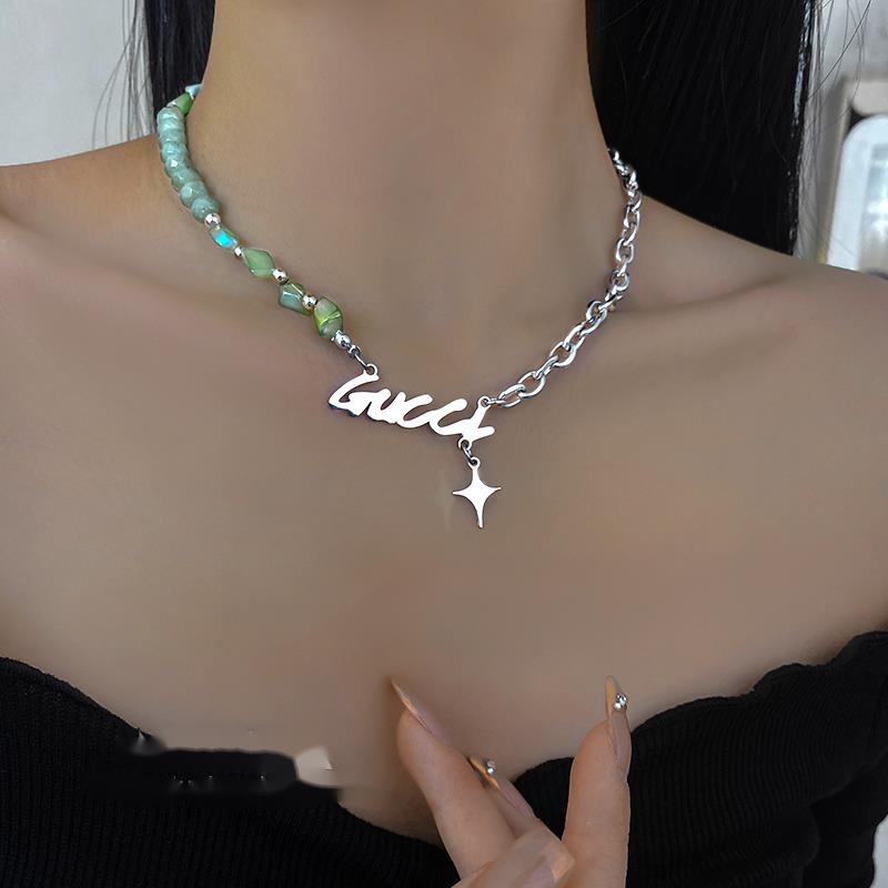 Vòng cổ Thép Titan Đính Đá Ngọc Bích Phong Cách hip hop Thời Trang Cho Nam Và Nữ