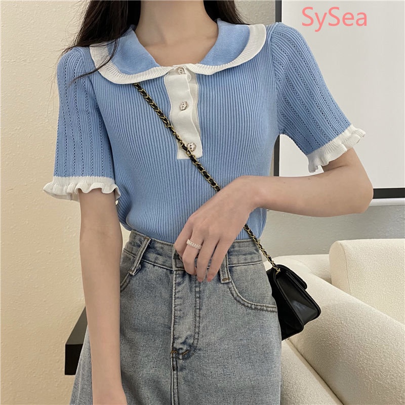 Áo Dệt Kim Cổ Búp Bê Phối Ren Thời Trang Mùa Hè Cho Nữ