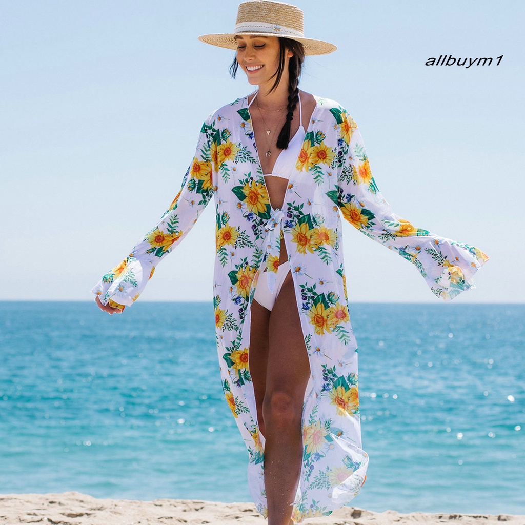 Áo Khoác Ngoài Bikini Mỏng Tay Dài Buộc Dây Trước Eo Cao In Họa Tiết Hoa Lá