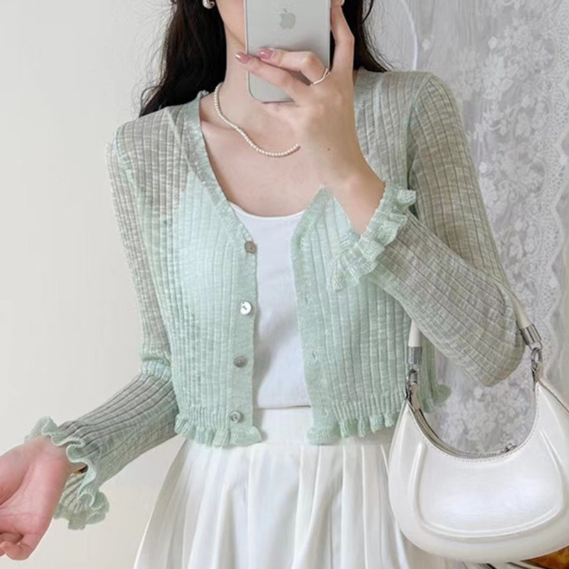 Nzn Áo Khoác cardigan Dệt Kim Mỏng Tay Dài Cổ Chữ V Màu Trơn Chống Nắng Hàn Quốc Cho Nữ