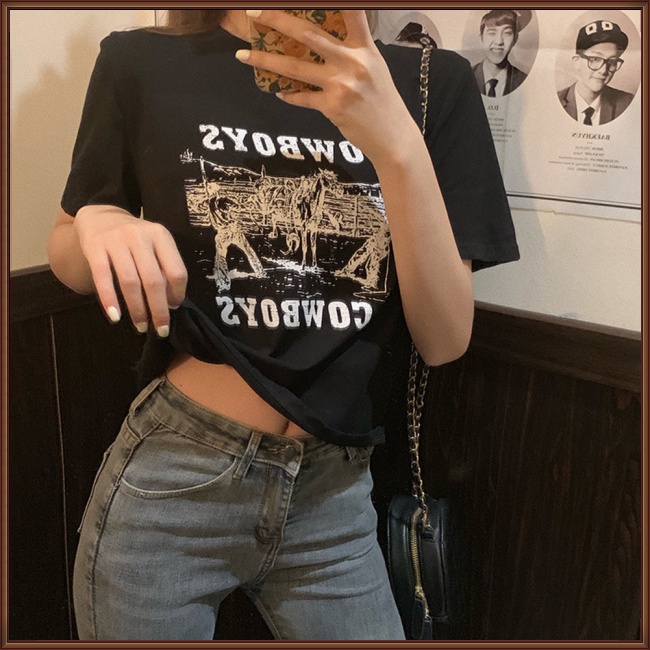 Áo Croptop Tay Ngắn Cổ Tròn In Chữ Thời Trang Cho Nữ