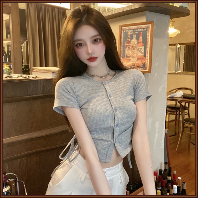 Áo Croptop Cổ Tròn Tay Ngắn Màu Sắc Đơn Giản Thời Trang Cho Nữ