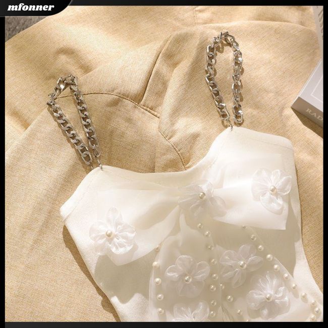 Áo Tank Top Không Tay Vải Lụa Lạnh Ôm Dáng Đính Nơ Phối Dây Xích Ngọc Trai Trang Nhã Cho Nữ