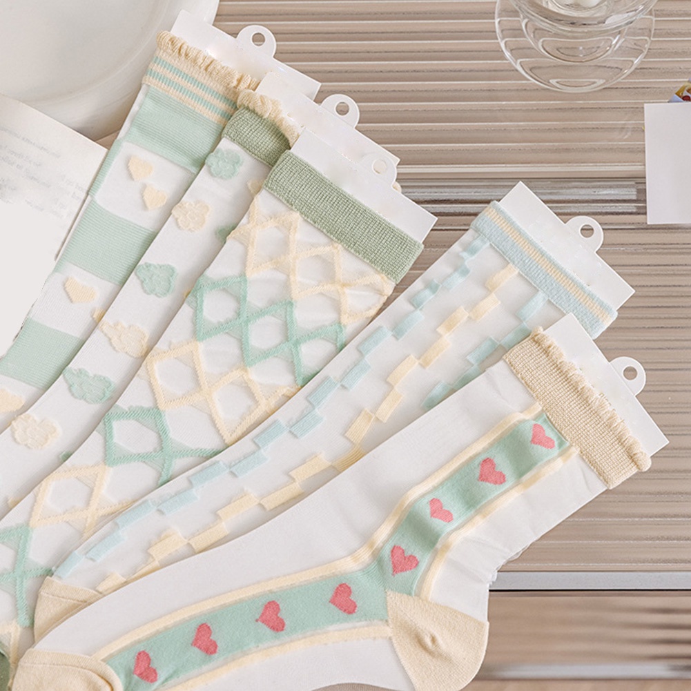 1 Đôi Tất Lụa Ống Lửng Trong Suốt In Họa Tiết Trái Tim Xinh Xắn Hợp Thời Trang Hè