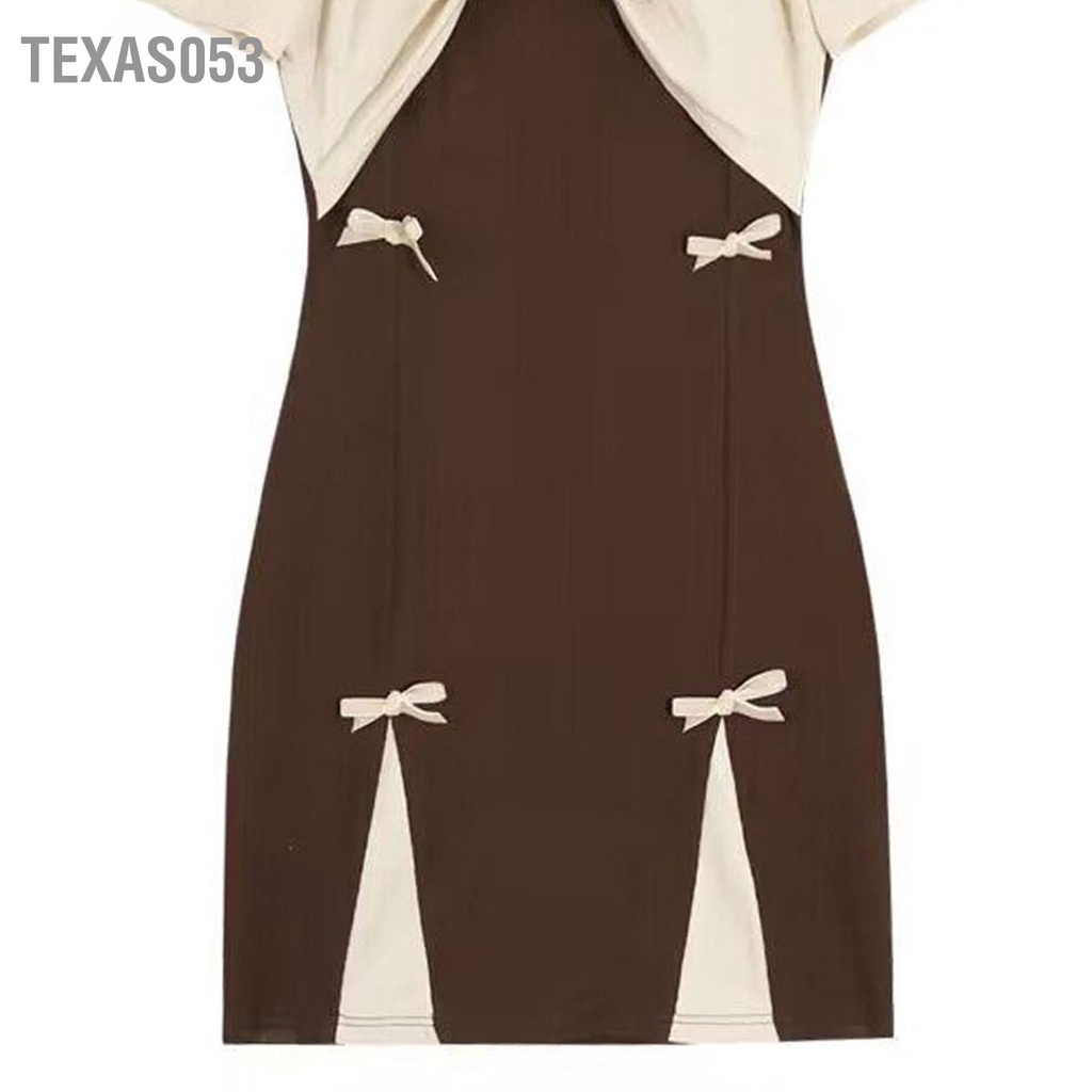 Texas053 Đầm Trễ Vai Nữ Tay Ngắn Màu Tương Phản Trang Trí Thắt Nơ Hông