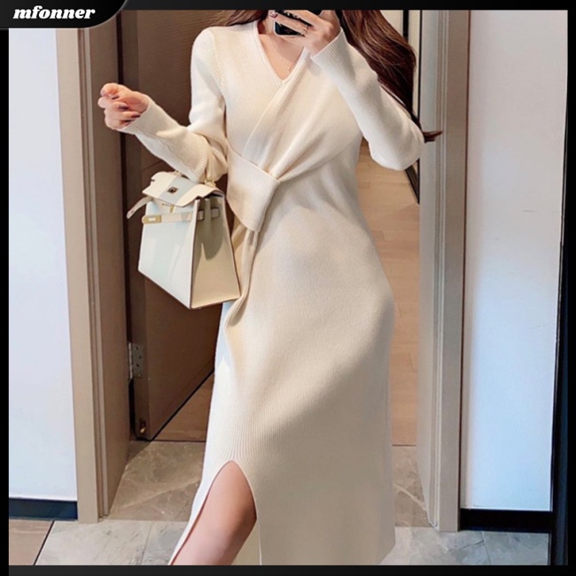 Đầm Dệt Kim Tay Dài Cổ Chữ V Màu Sắc Đơn Giản Cho Nữ