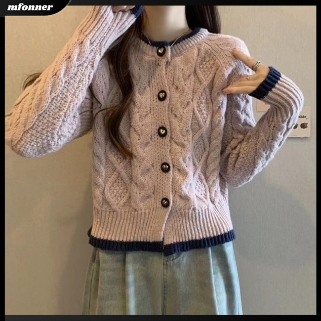Áo Cardigan Dệt Kim Tay Dài Cổ Tròn Màu Sắc Tương Phản Thời Trang Cho Nữ
