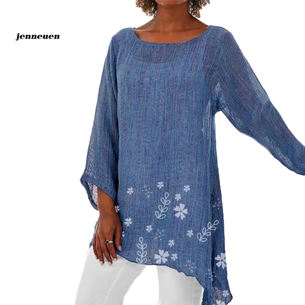 Áo Kiểu In Hoa Tay Dài Cổ Tròn Viền Cao Thấp Thời Trang Vintage Cho Nữ