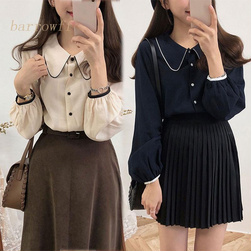 Áo Sơ Mi Tay Dài Phồng Cổ Bẻ Dáng Rộng Cài Khuy Kiểu Retro Hàn Quốc Thời Trang Cho Bạn Gái