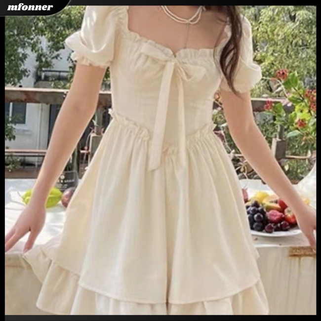 Đầm Dáng Chữ A Cổ Vuông Tay Phồng Màu Sắc Đơn Giản Cho Nữ