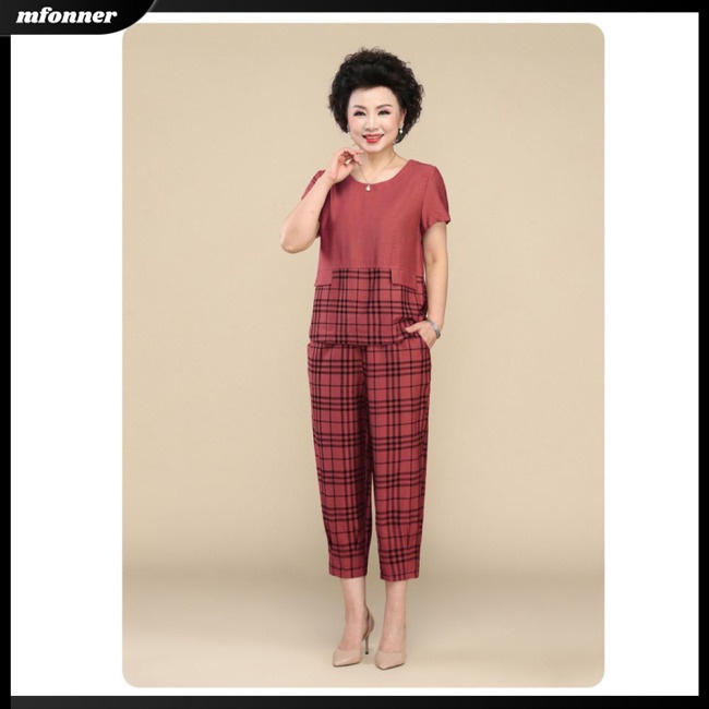 Bộ Trang Phục Thể Thao 2 Mảnh Gồm Áo Thun Tay Ngắn Cổ Tròn In Họa Tiết Caro + Quần Dài Thời Trang Cho Nữ