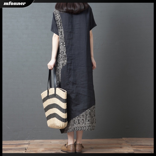 Đầm Cotton Lanh Cổ Tròn Tay Ngắn In Họa Tiết Thời Trang Cho Nữ