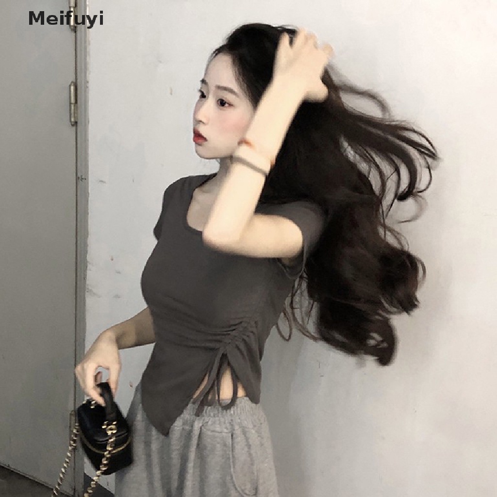 Áo Thun Tay Ngắn Cổ Vuông Màu Sắc Đơn Giản Phối Dây Rút Thời Trang Mùa Hè Cho Nữ