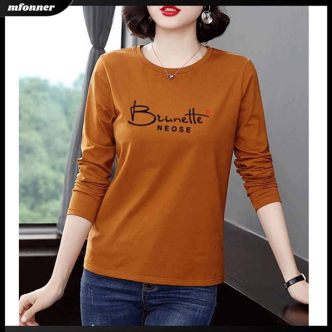 Áo Thun Tay Dài Cổ Tròn In Chữ Plus Size Cho Nữ