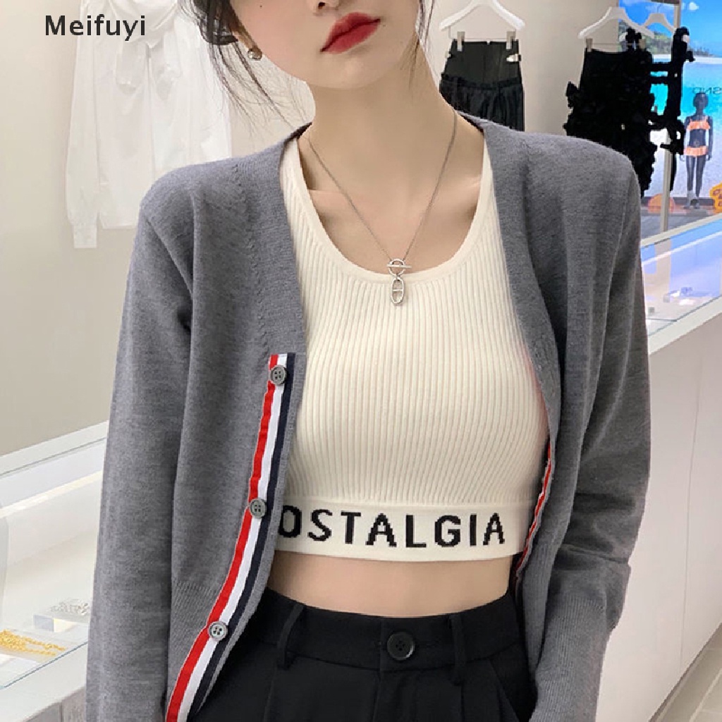 [Meifuyi] Áo Croptop Dệt Kim Không Tay Hở Eo Họa Tiết Kẻ Sọc Cho Nữ