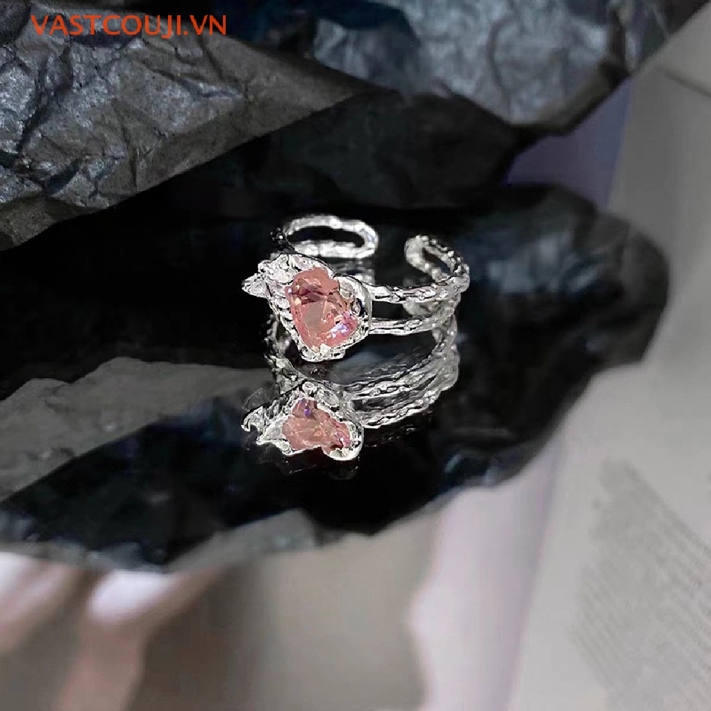 Nhẫn Hở Hình Trái Tim Đính Đá Zircon Hồng Sáng Tạo Cho Nữ Y2K