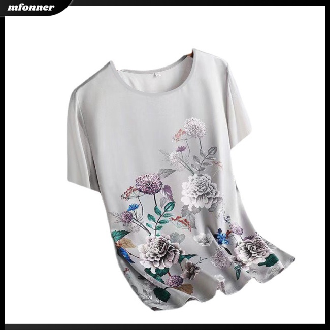 Áo Thun Lụa Lạnh Mỏng Dáng Rộng Tay Ngắn Cổ Tròn Thoáng Khí In Hoạ Tiết Trung Hoa Cho Nữ Có Size Lớn