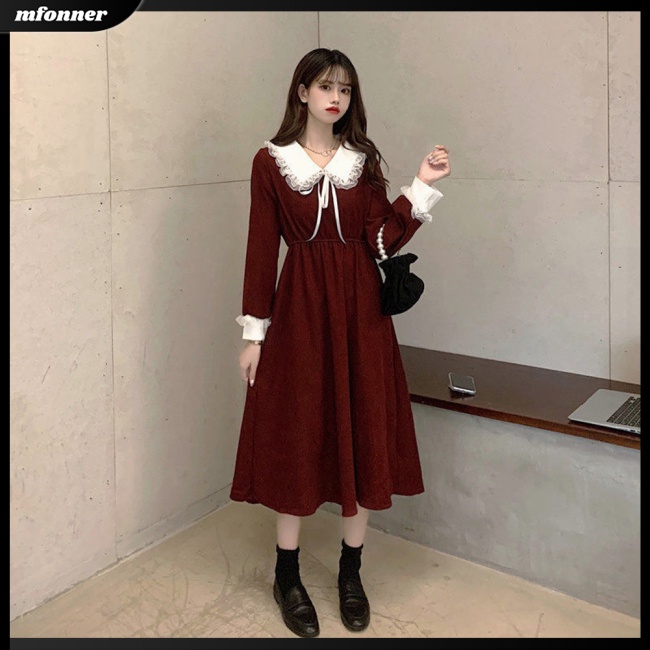 Đầm Tay Dài Cổ Búp Bê Phối Ren Dáng Chữ A Thời Trang Năm Mới Cho Nữ