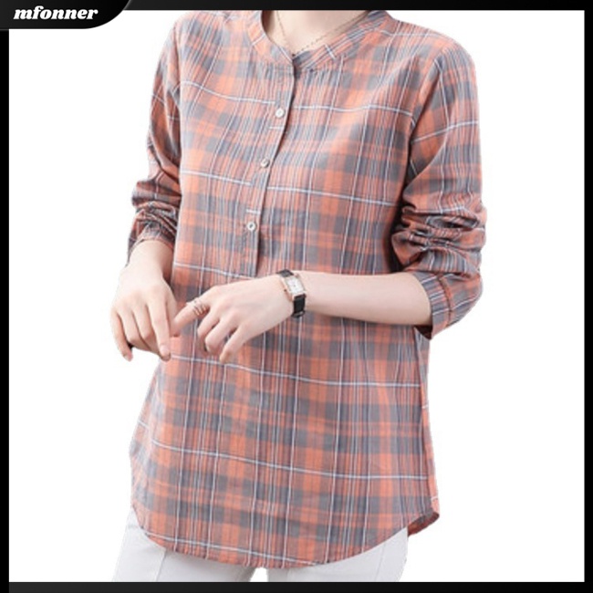 Áo Sơ Mi Cotton Lanh Tay Dài Cổ Tròn Kẻ Sọc Nhiều Màu Thoáng Khí Phong Cách Retro Cho Nữ