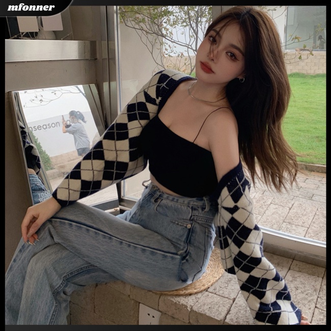 Áo Khoác Cardigan Dệt Kim Tay Dài Dáng Ngắn Ôm Hở Vai Họa Tiết Hình Thoi Thời Trang Cho Nữ