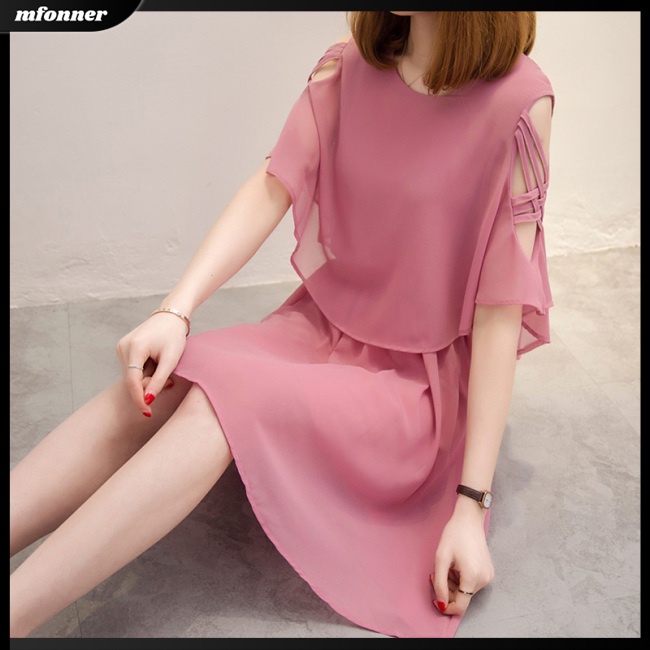 Đầm Chiffon Dáng Chữ A Tay Ngắn Cổ Tròn Thời Trang Xuân Hè Cho Nữ