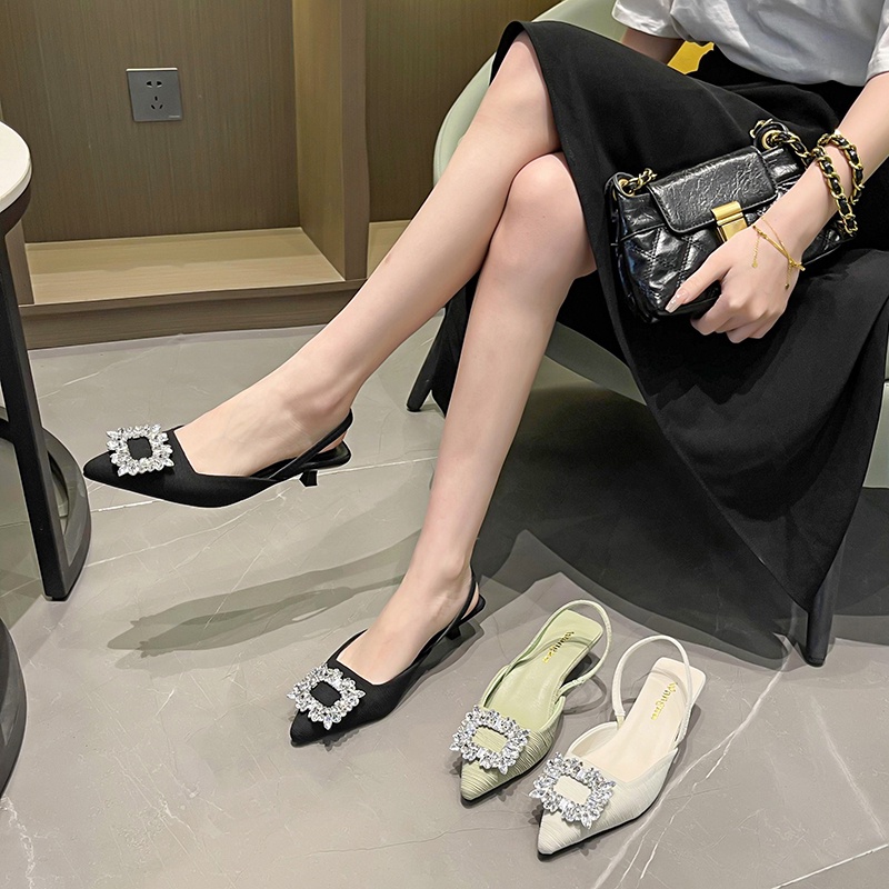 Giày Cao Gót Nữ Mũi Nhọn Quai Đeo Mắt Cá Chân Màu Đen &amp; Xanh Lá