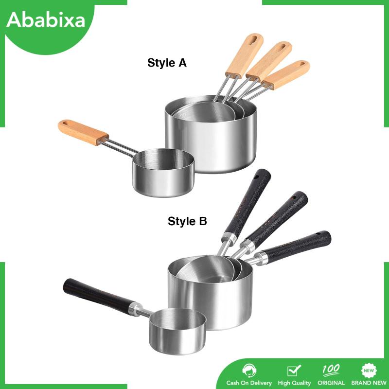 Bộ 4 Cốc Đo Lường Bằng Thép Không Gỉ Với Tay Cầm Bằng Gỗ Tiện Dụng Cho Nhà Bếp