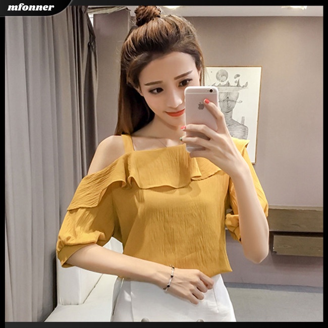 Áo Thun Trễ Vai Phối Bèo Màu Sắc Trơn Quyến Rũ Cho Nữ