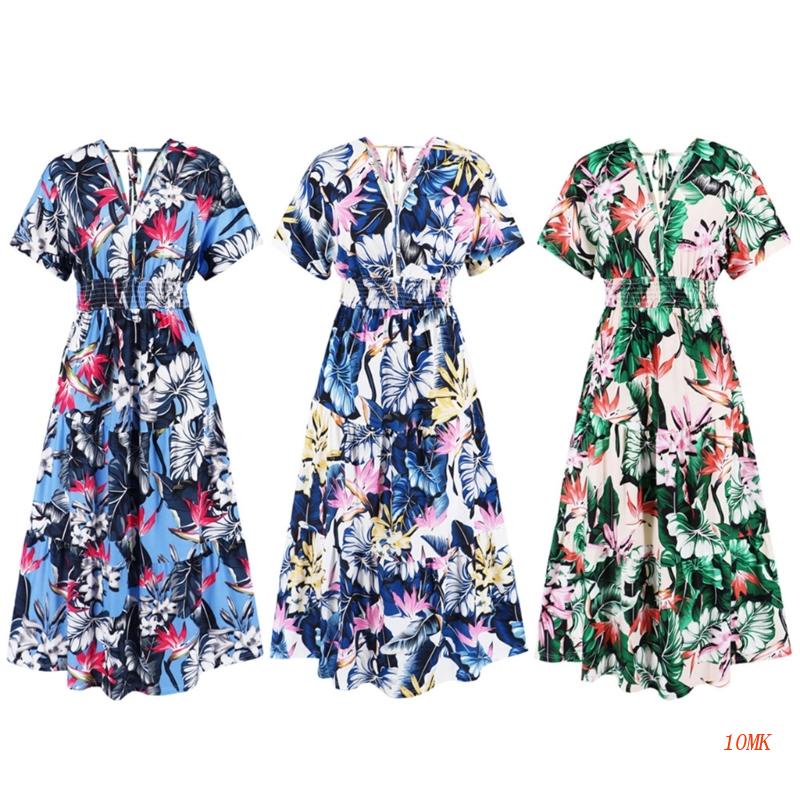 Đầm Xòe Ngắn Tay Cổ Chữ V In Hoa Thời Trang Cho Nữ