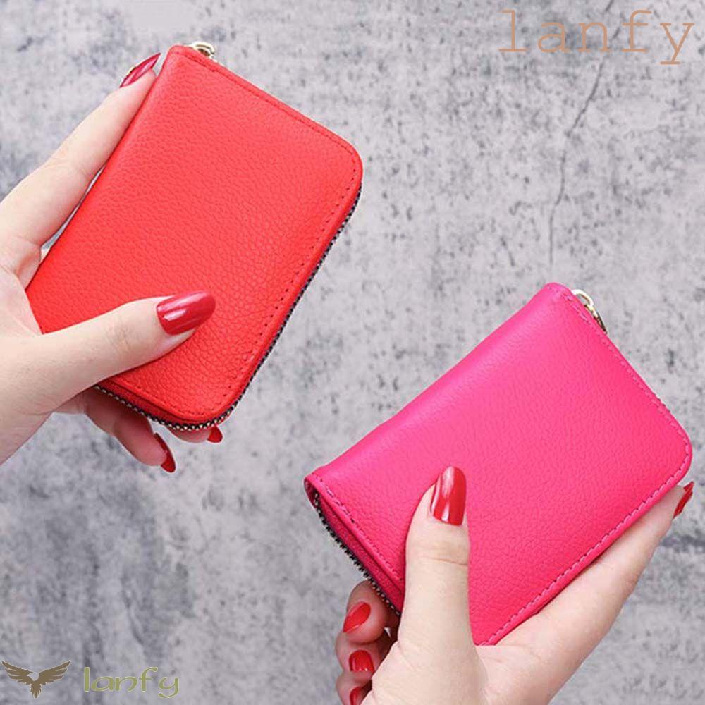 Ví Da Pu Mini Đựng Thẻ Nhiều Ngăn Có Khóa Kéo Màu Trơn Cho Nữ