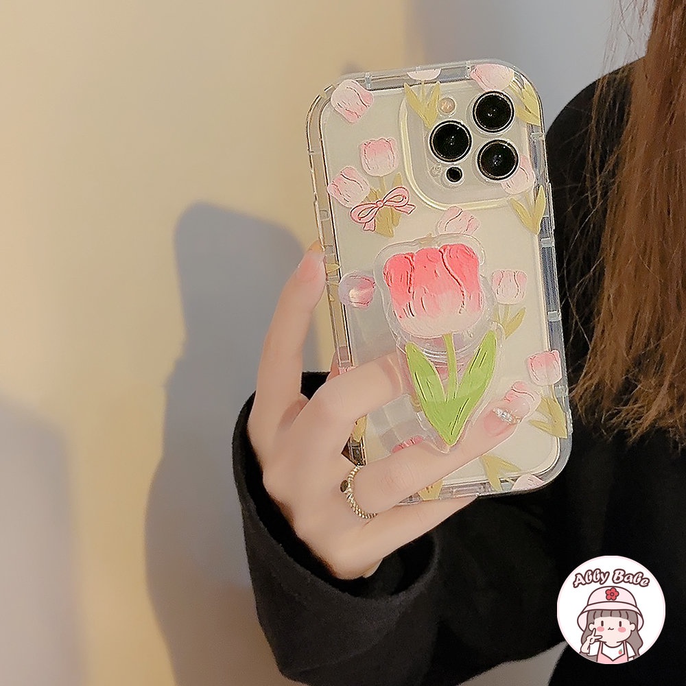 Ốp Điện Thoại TPU Mềm Chống Bụi Hình Hoa Tulip Hồng / Đào Có Giá Đỡ Cho IPhone 14 Pro Max 13 12 11 Pro Max X XS Max