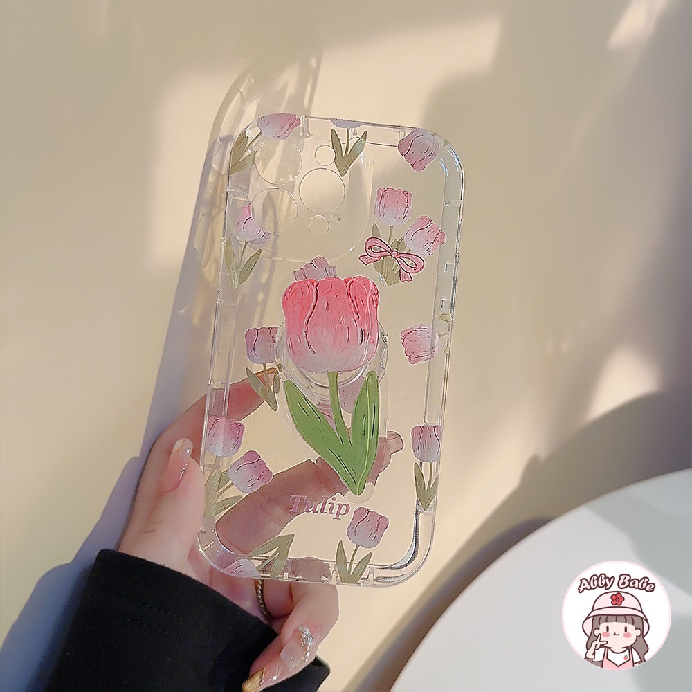 Ốp Điện Thoại TPU Mềm Chống Bụi Hình Hoa Tulip Hồng / Đào Có Giá Đỡ Cho IPhone 14 Pro Max 13 12 11 Pro Max X XS Max
