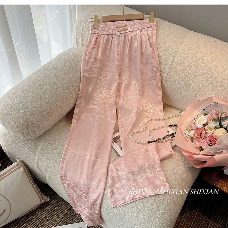 Quần Dài Ống Rộng Lưng Cao Cài Khóa Màu Hồng Phong Cách Trung Hoa Thời Trang Mùa Xuân Hàng Mới Dành Cho Bạn Nữ