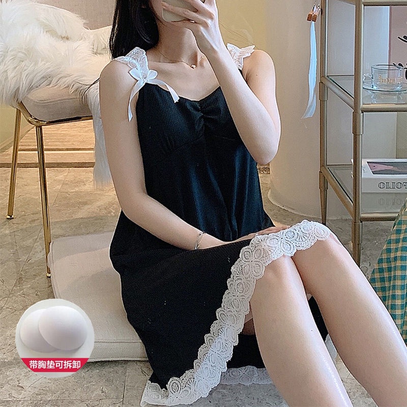 Đầm Ngủ Hai Dây Phối Ren Mỏng Có Đệm Ngực Dễ Thương Thời Trang Mùa Hè Cho Bạn Gái