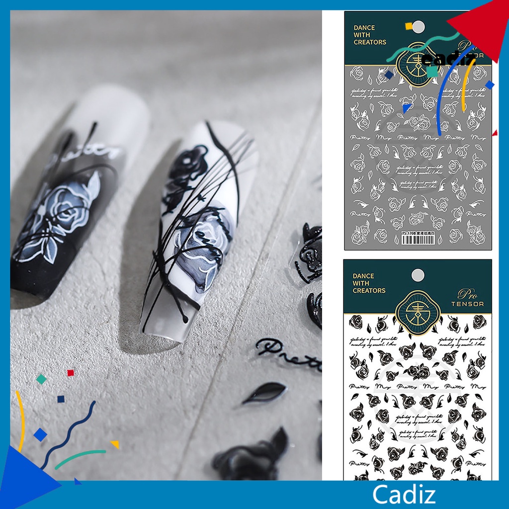 Miếng Dán Trang Trí Móng Tay Tự Dính Họa Tiết Hoa Hồng Trắng Đen Dùng Một Lần