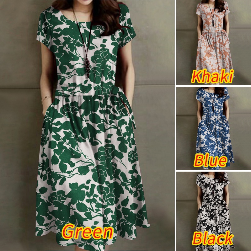 Zanzea Đầm Dây Rút Tay Ngắn Có Túi In Họa Tiết Thời Trang Cho Nữ