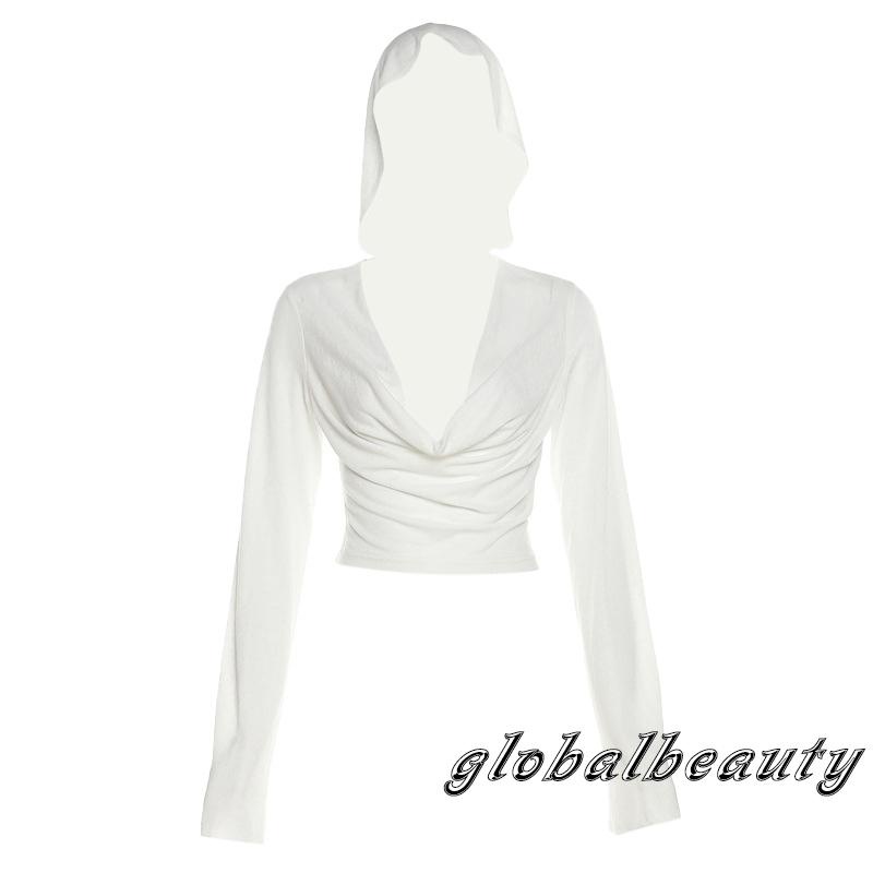 Áo Croptop Mỏng Tay Dài Màu Trơn Có Nón Phía Trước Phong Cách Đường Phố Cho Nữ