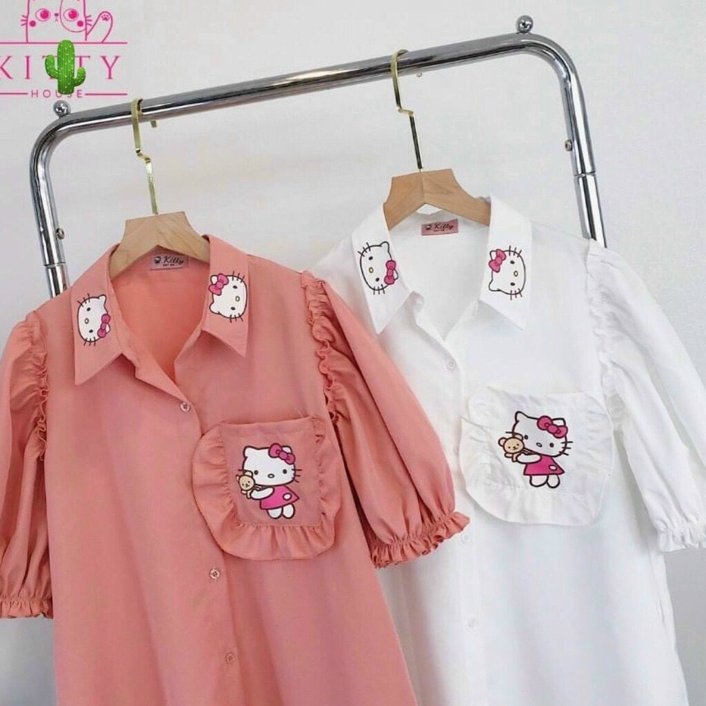 Đầm Bèo Kate Hàn Quốc Cổ Bẻ Gài Nút Ngắn Tay Bồng Bềnh Phối In Mèo Kitty TTPK0641