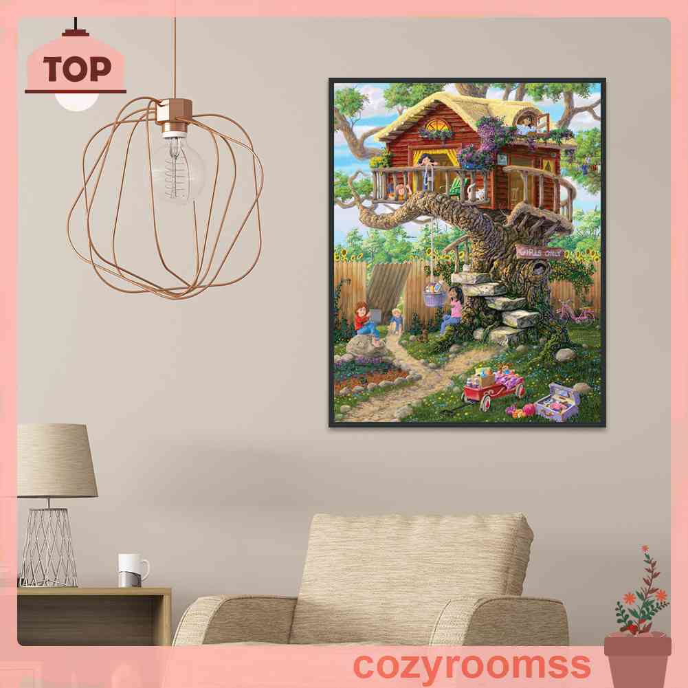 Tranh Đính Đá Kim Cương Toàn Bộ 5D DIY Hình Vẽ Ngôi Nhà Trên Cây